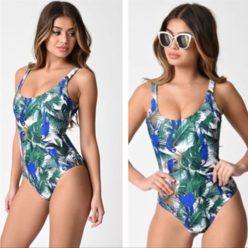 Unique Vintage Blue and Green Tropical One Piece Swimsuit